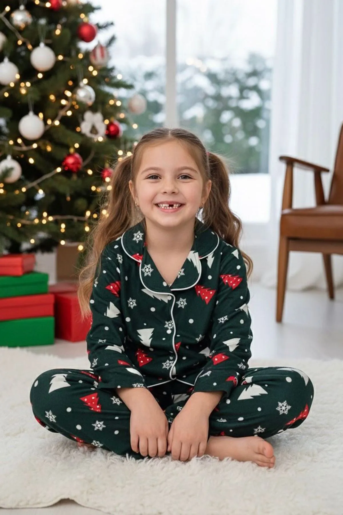 Miniğimin Cicileri Kartanesi Çam Desenli Süet Kız Çocuk Pijama Takımı - Yeşil