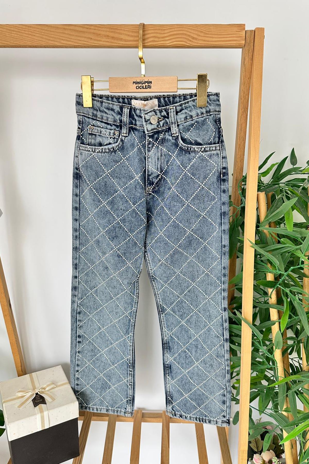 Miniğimin Cicileri Taşlı Baklava Desen Kız Çocuk Kot Pantolon - Mavi