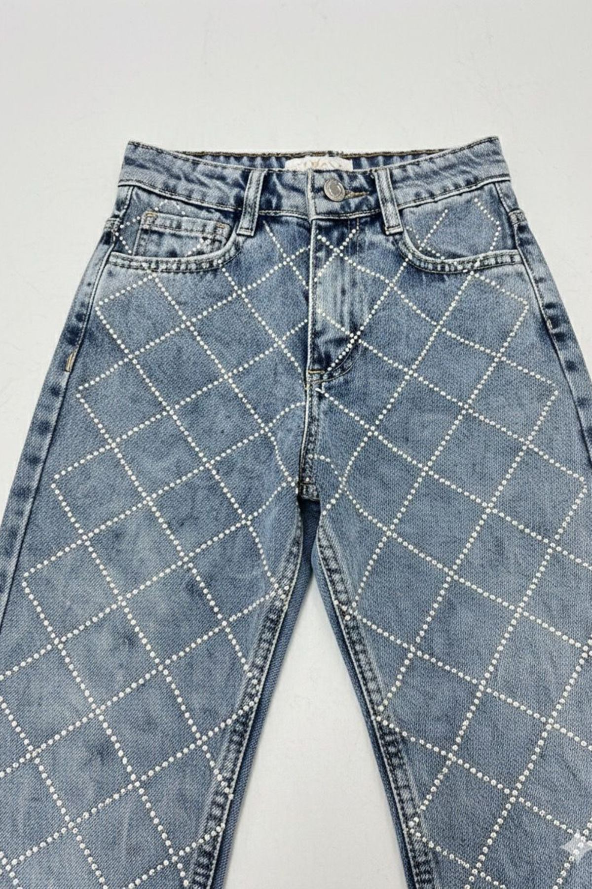 Miniğimin Cicileri Taşlı Baklava Desen Kız Çocuk Kot Pantolon - Mavi