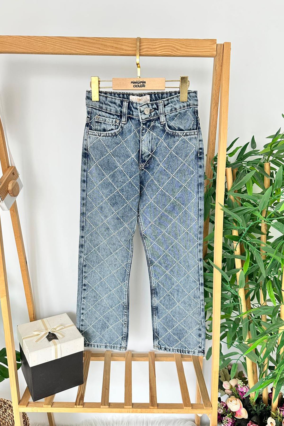 Miniğimin Cicileri Taşlı Baklava Desen Kız Çocuk Kot Pantolon - Mavi