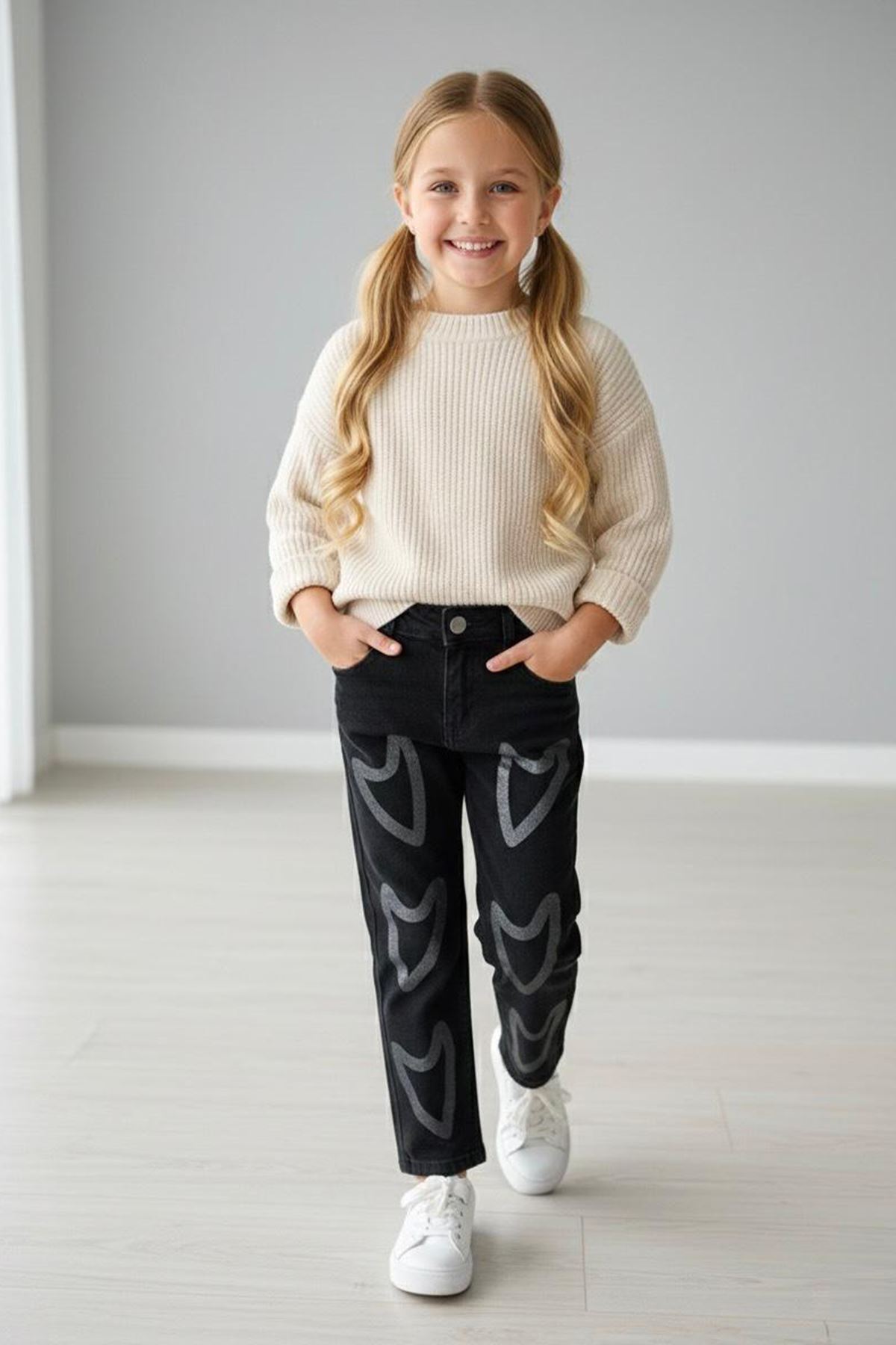 Miniğimin Cicileri Simli Kalp Baskılı Desen Kız Çocuk Kot Pantolon - Siyah