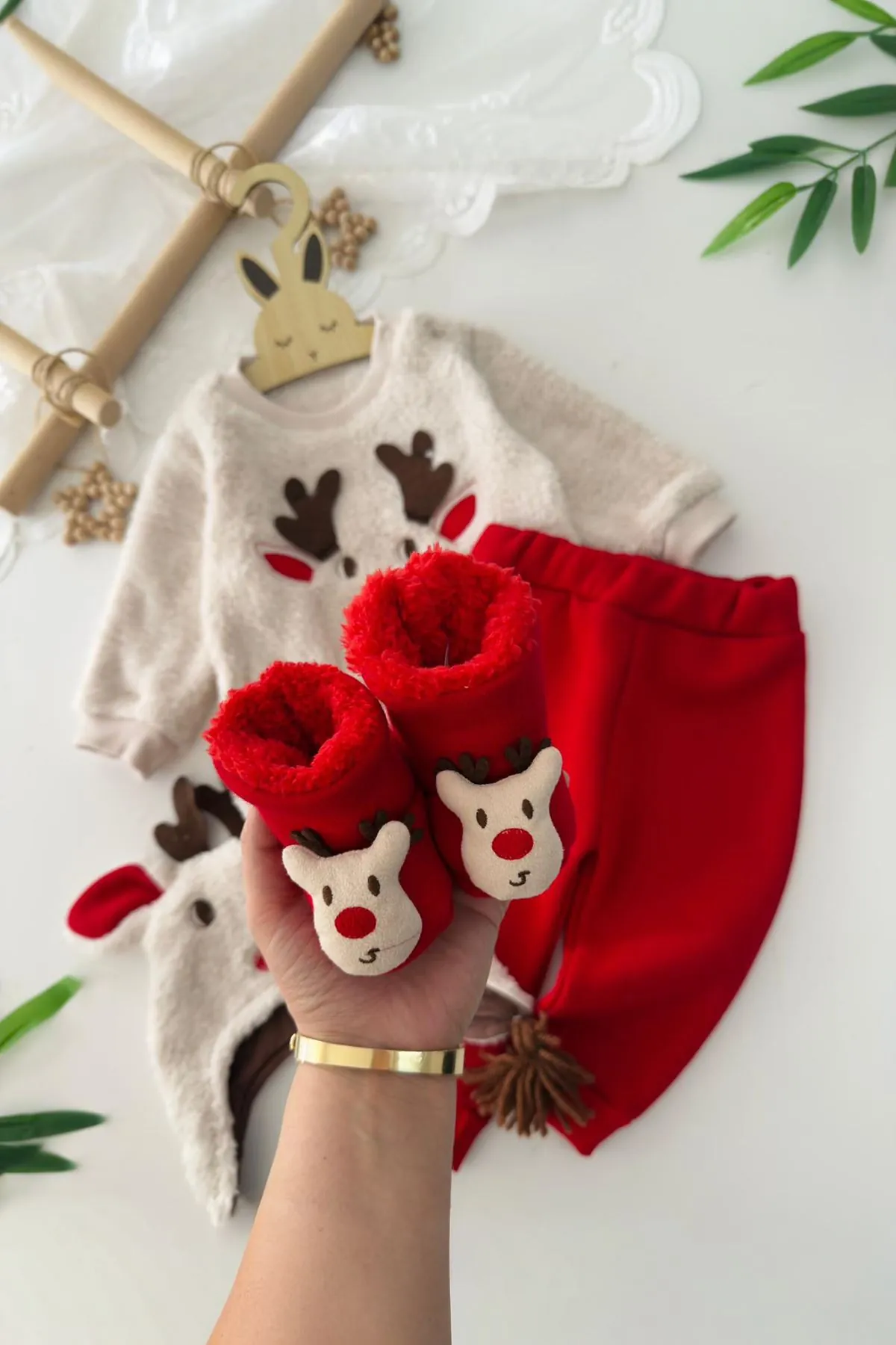 Miniğimin Cicileri Geyik Temalı Welsoft Bebek Unisex Yılbaşı 4 lü Takım - Kırmızı