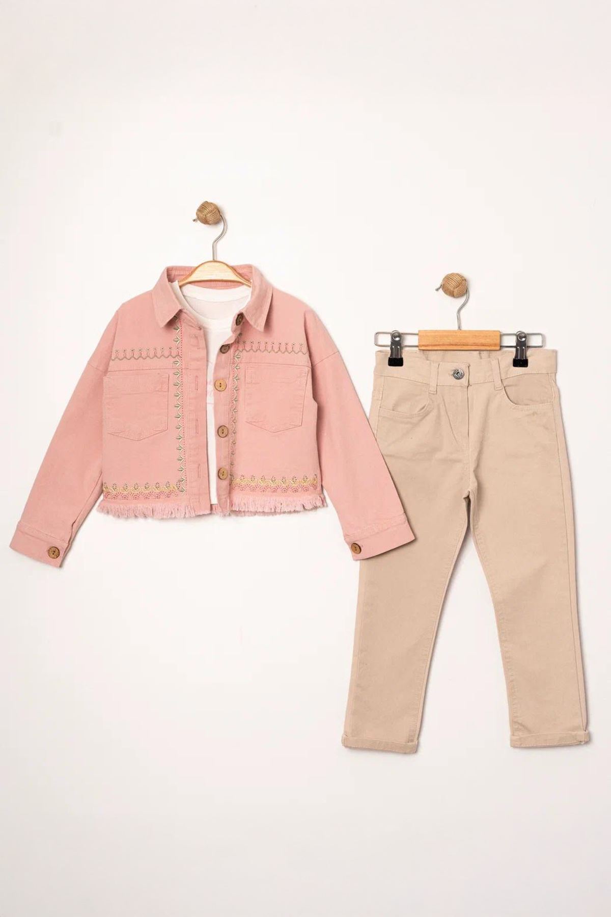 Miniğimin Cicileri (5-8 Yaş) Nakışlı Cepli Kız Çocuk Ceketli Takım - Pudra