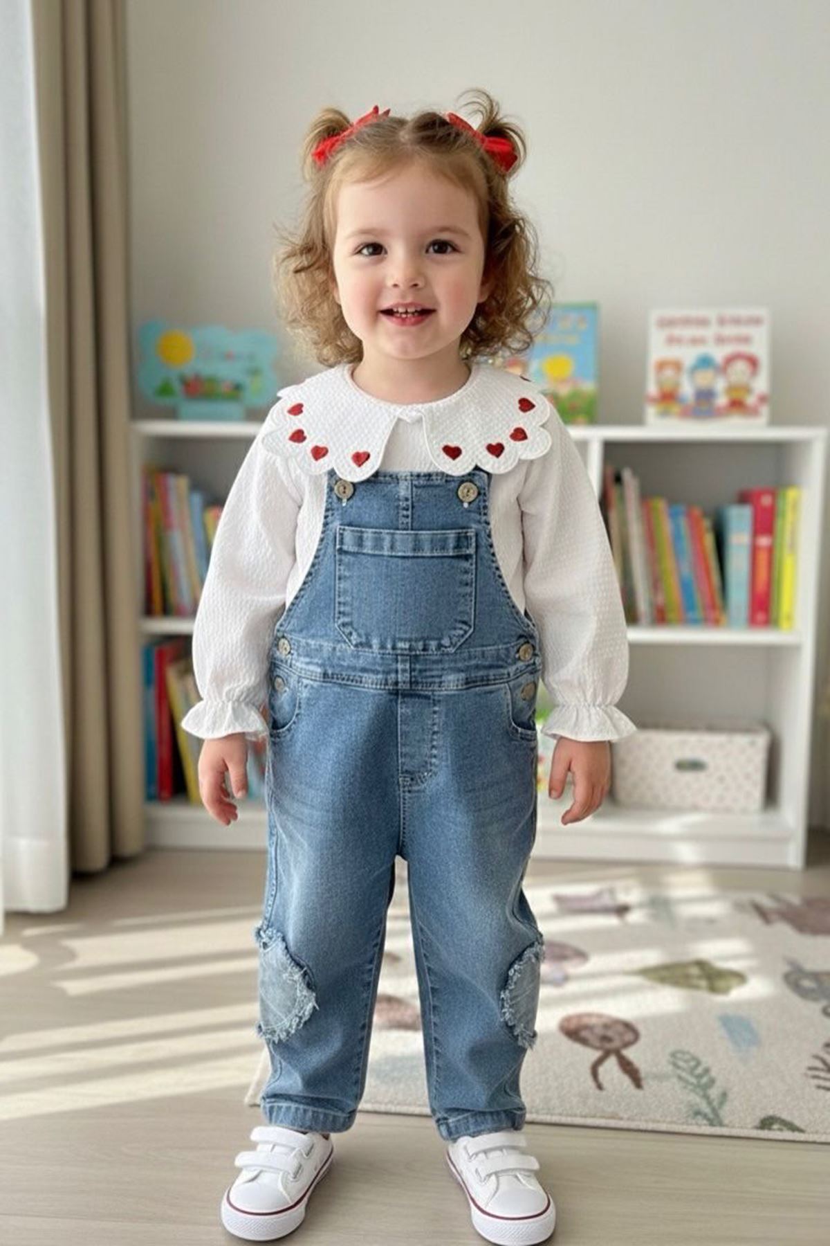 Miniğimin Cicileri Kalp İşlemeli Kız Çocuk Salopetli Kot Takım - Mavi