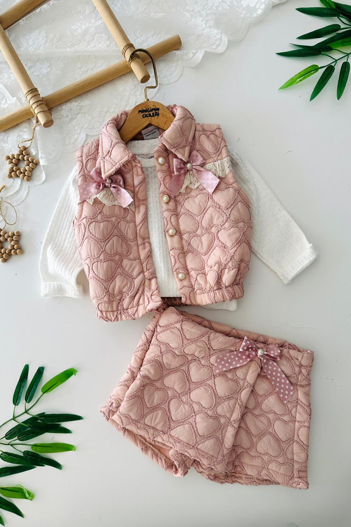 Minigimin Cicileri Kalp Kapitone Detaylı Fiyonklu 3 lü Takım - Pudra