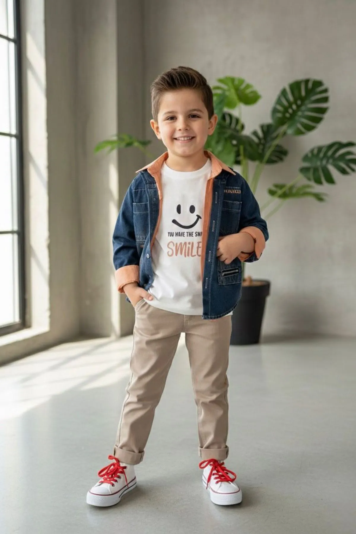 Miniğimin Cicilwri Smile Baskılı Kot Ceketlü 4 lü Erkek Çocuk Takım - Bej