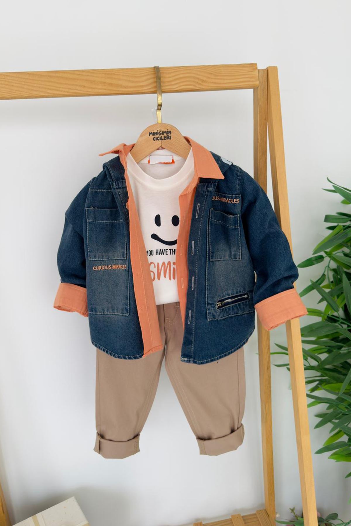 Miniğimin Cicilwri Smile Baskılı Kot Ceketlü 4 lü Erkek Çocuk Takım - Bej
