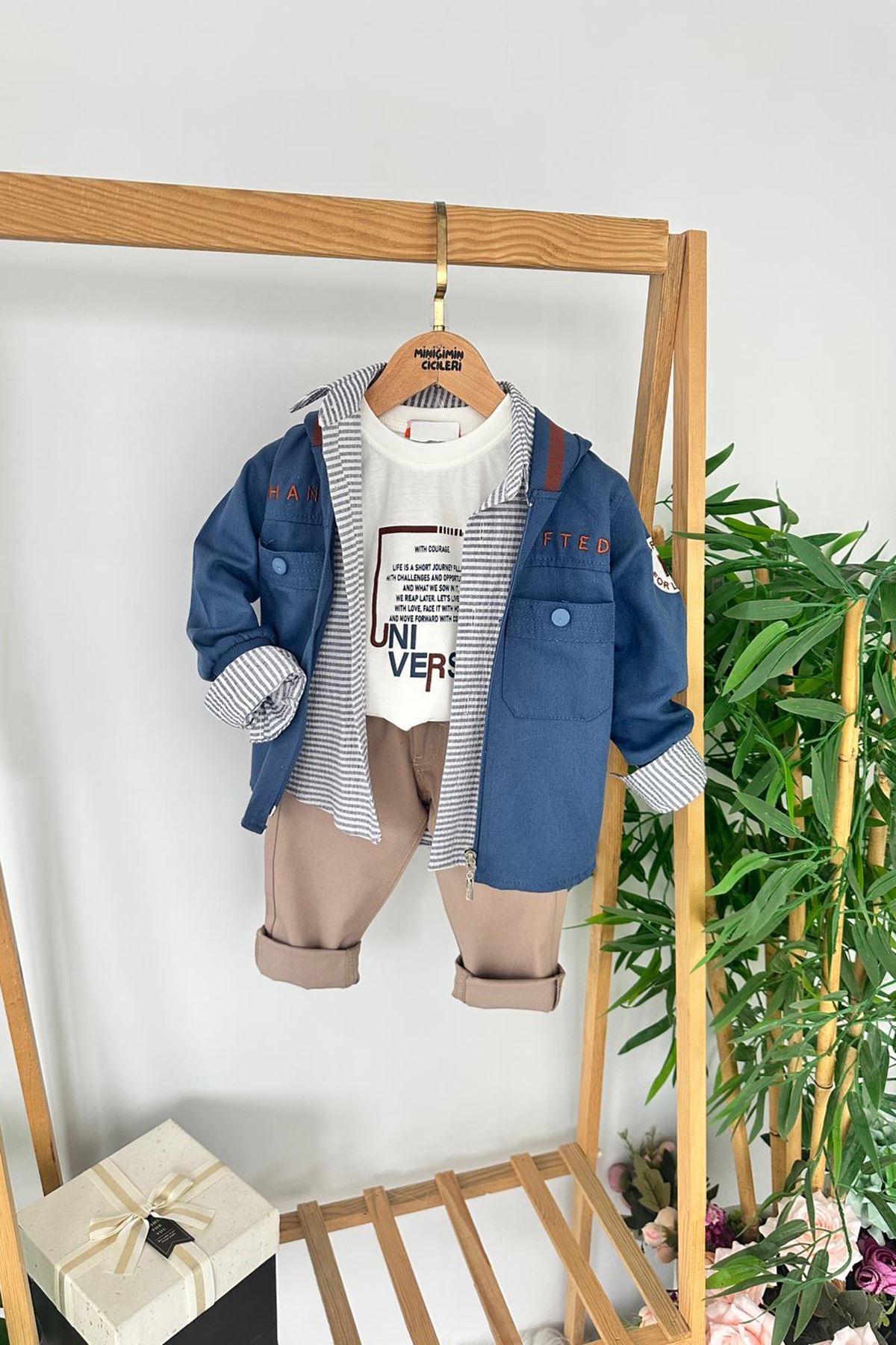 Miniğimin Cicileri Keten Ceketli Çizgili Gömlekli  Erkek Çocuk 4 lü Takım - indigo