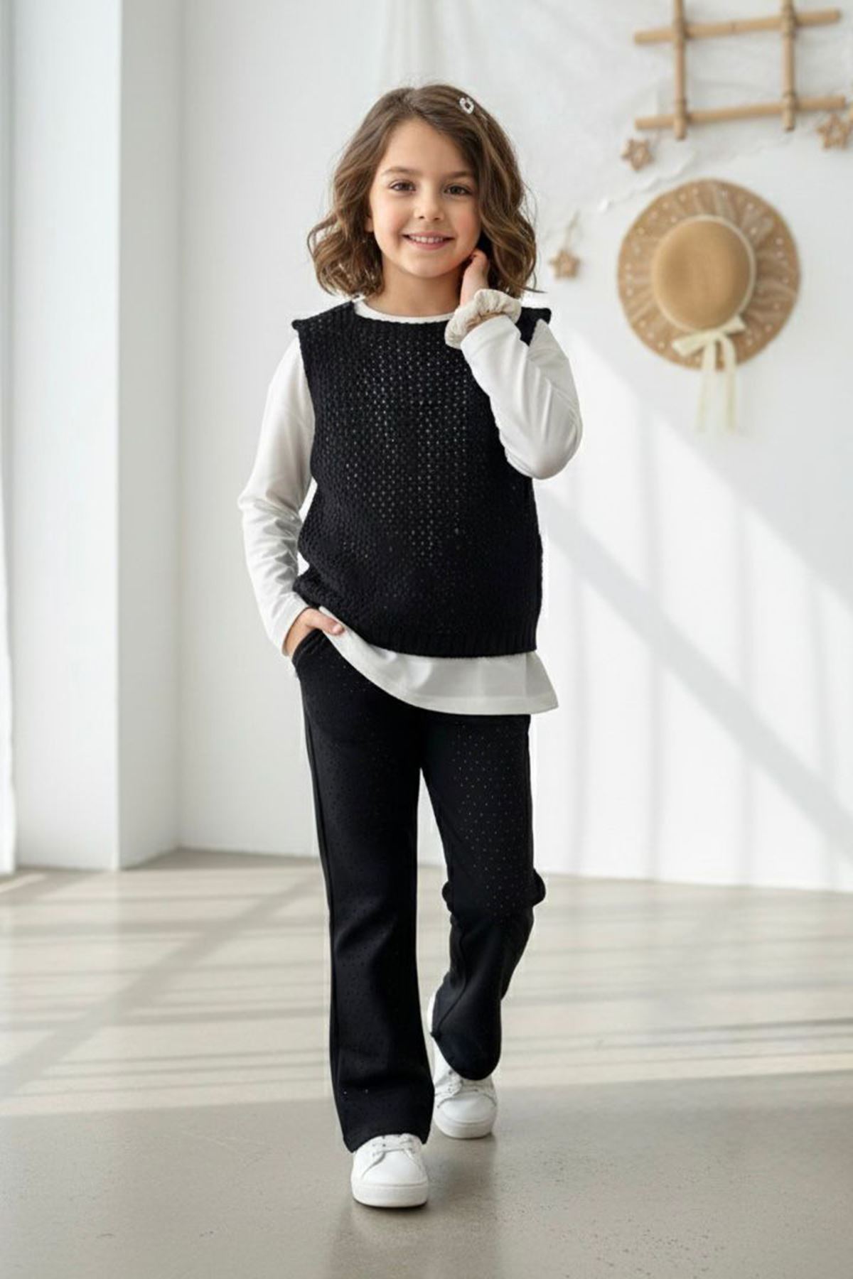 Miniğimin Cicileri Triko Örgü Süveterli Kız Çocuk Taşlı Taytlı 3 lü Takım - Siyah