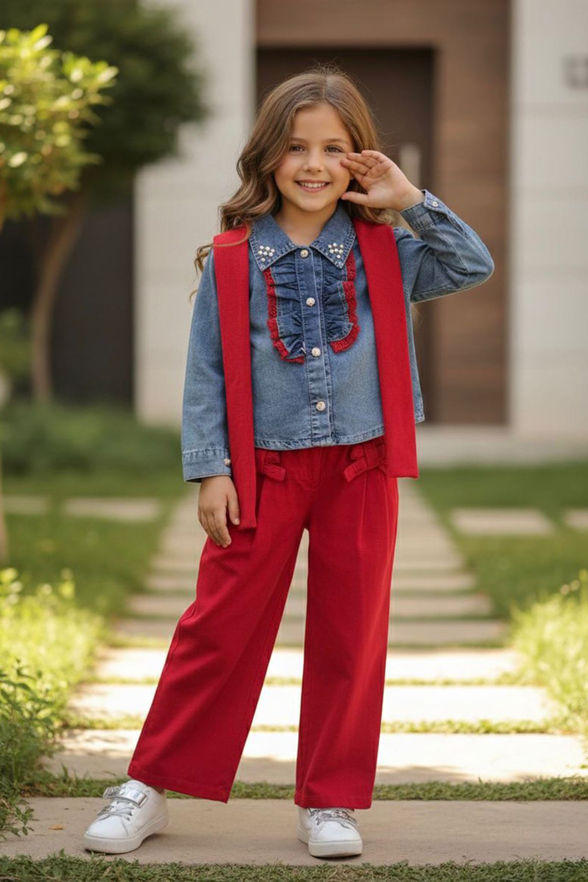 Miniğimin Cicileri Omuz Atkı Detaylı Gömlekli 2 Li Takım - Kırmızı