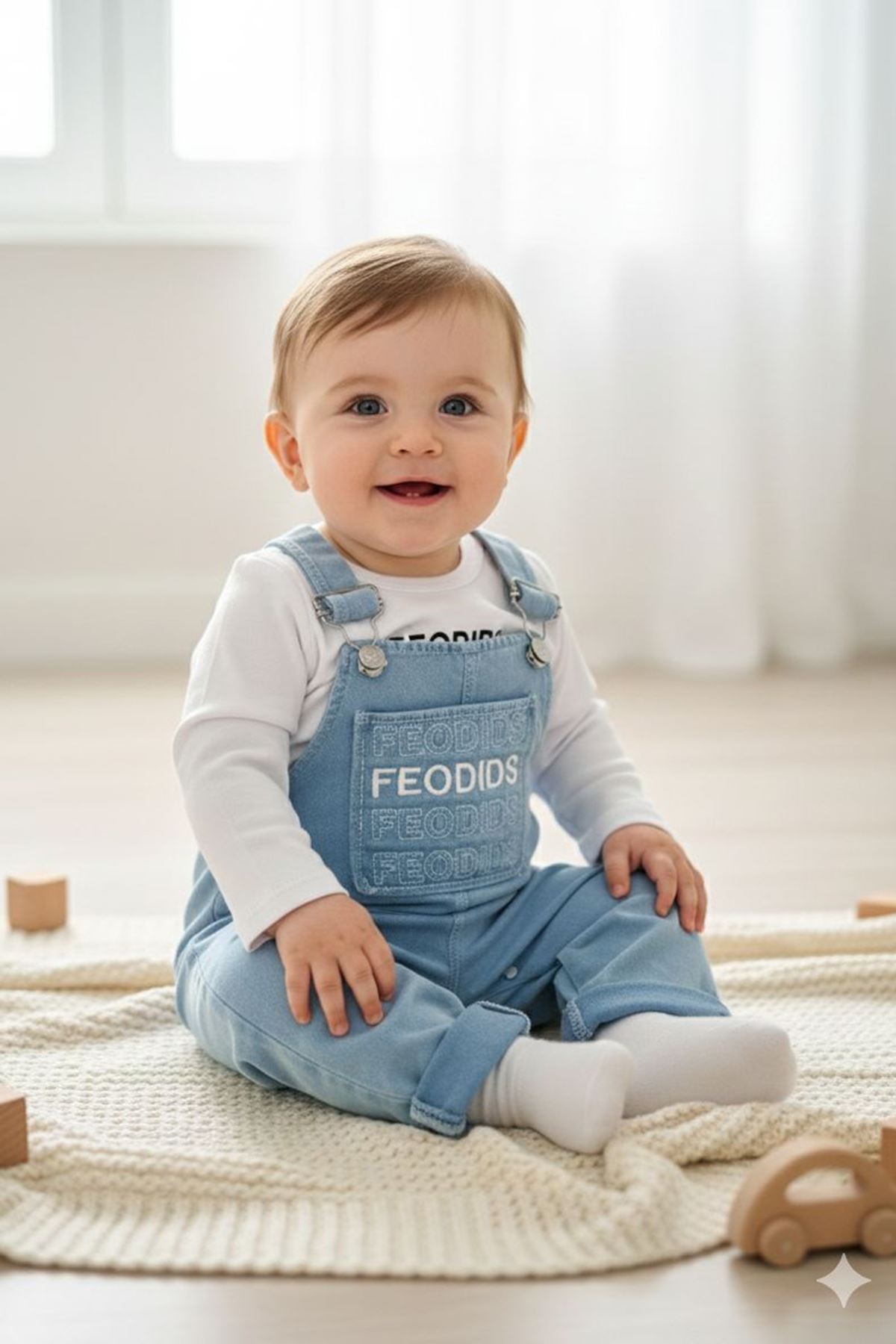 Miniğimin Cicileri Cep İşleme Detaylı Feodids Erkek Bebek 2 li Salopetli Takım - Açık Mavi