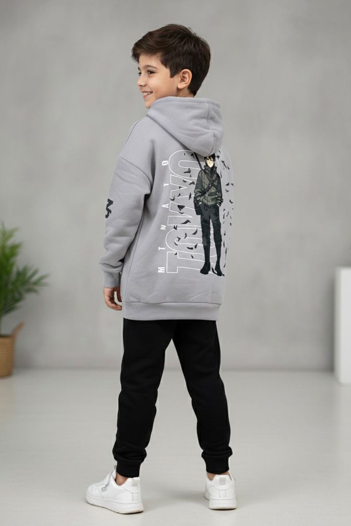 Miniğimin Cicileri Tokyo Baskılı Erkek Çocuk Kışlık Sweat - Gri