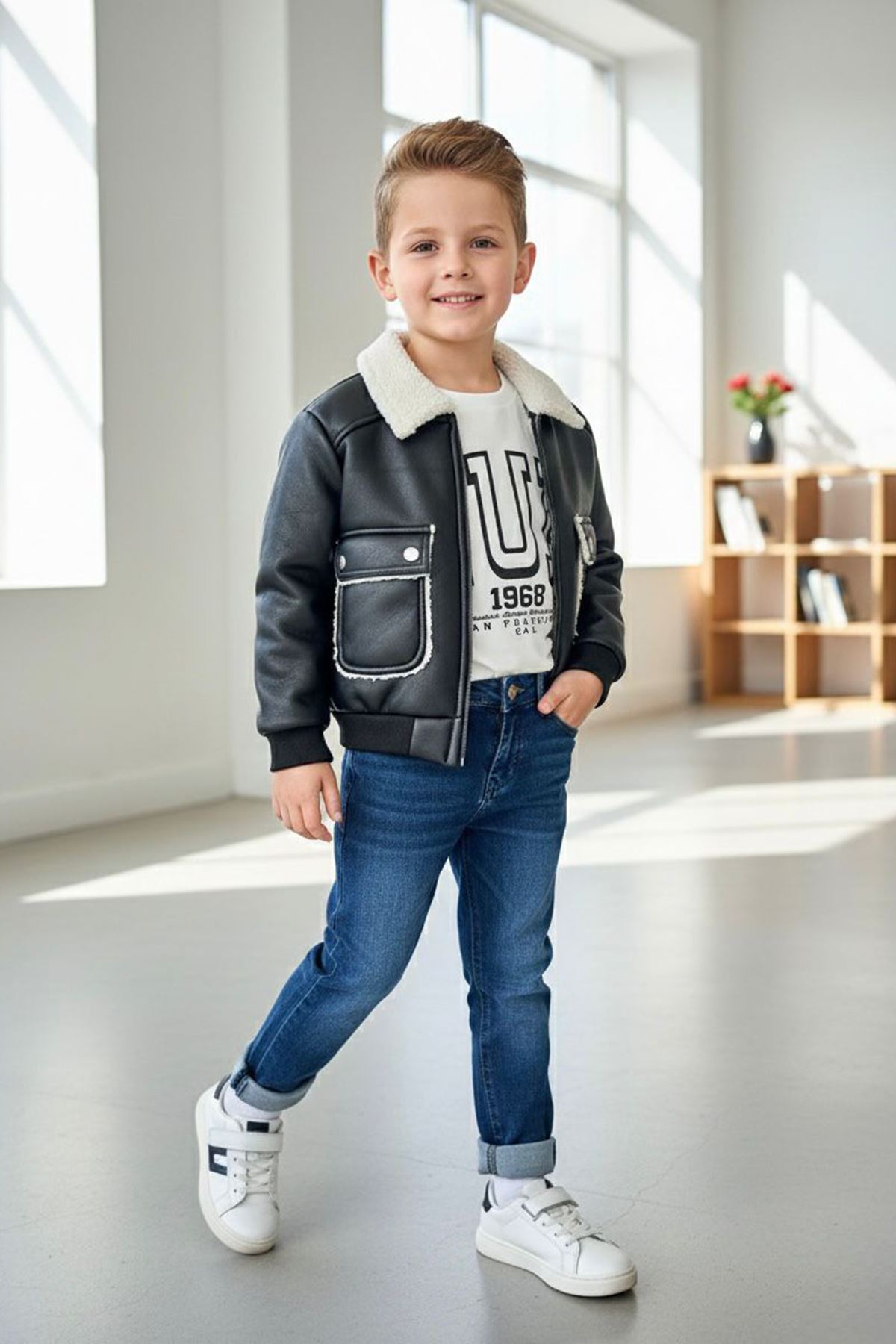 Miniğimin Cicileri Deri Kürklü Cepli Montlu Run Baskı 3 Lü Erkek Çocuk Takım - Mavi