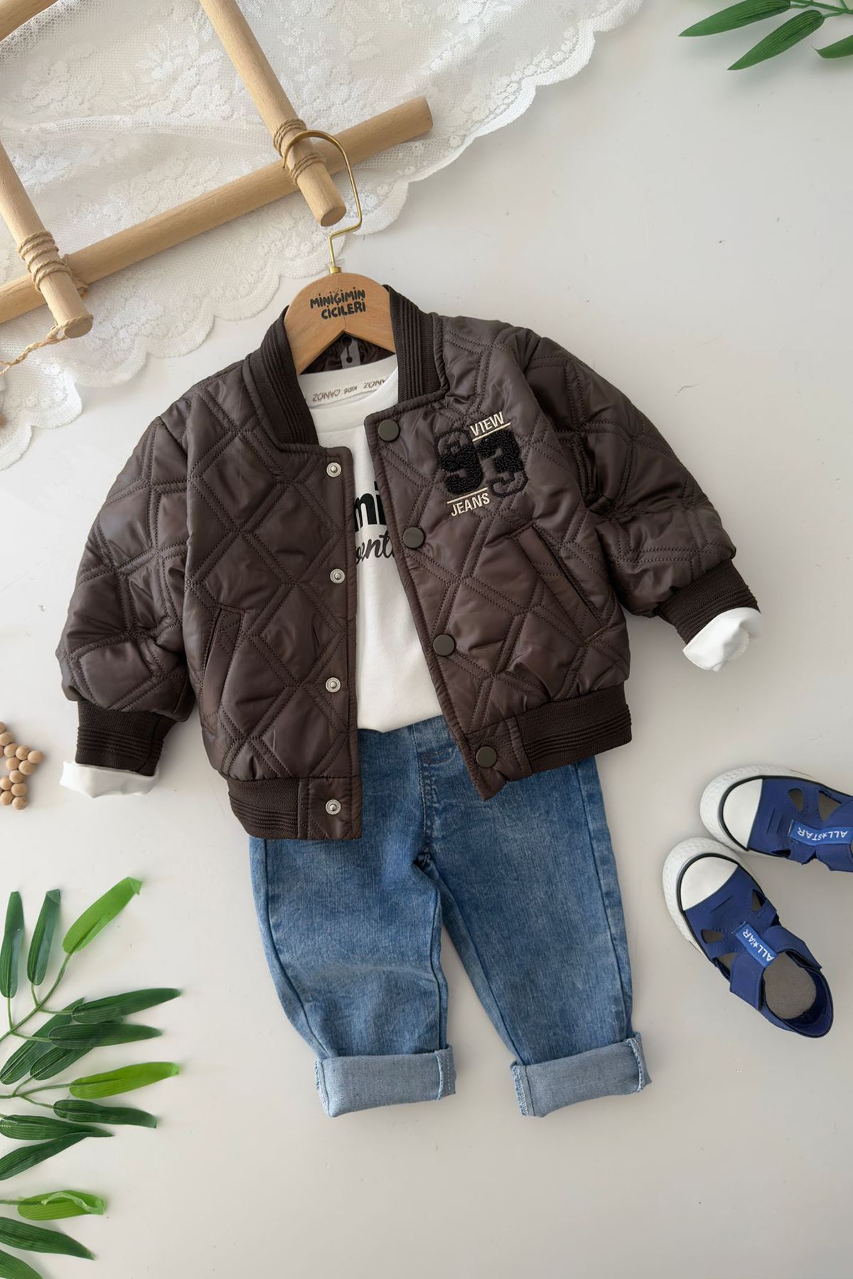 Miniğimin Cicileri 93 Panç İşleme Detaylı 3 lü Erkek Çocuk Takım - Kahve