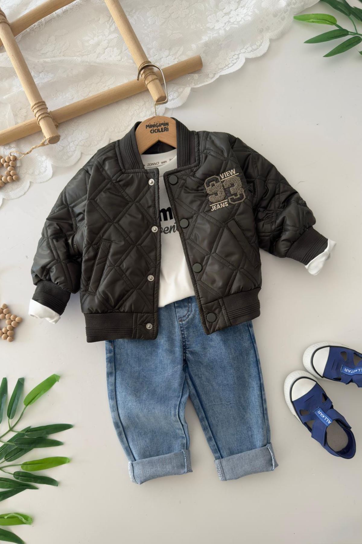 Miniğimin Cicileri 93 Panç İşleme Detaylı 3 lü Erkek Çocuk Takım - Haki