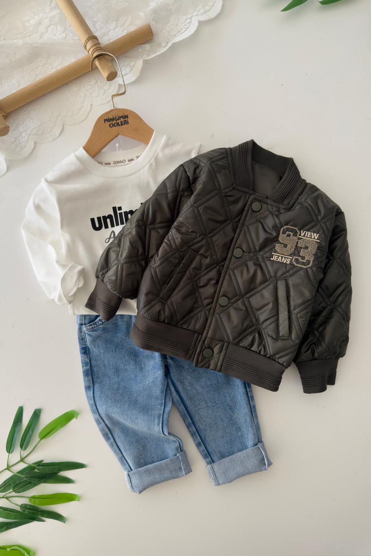 Miniğimin Cicileri 93 Panç İşleme Detaylı 3 lü Erkek Çocuk Takım - Haki