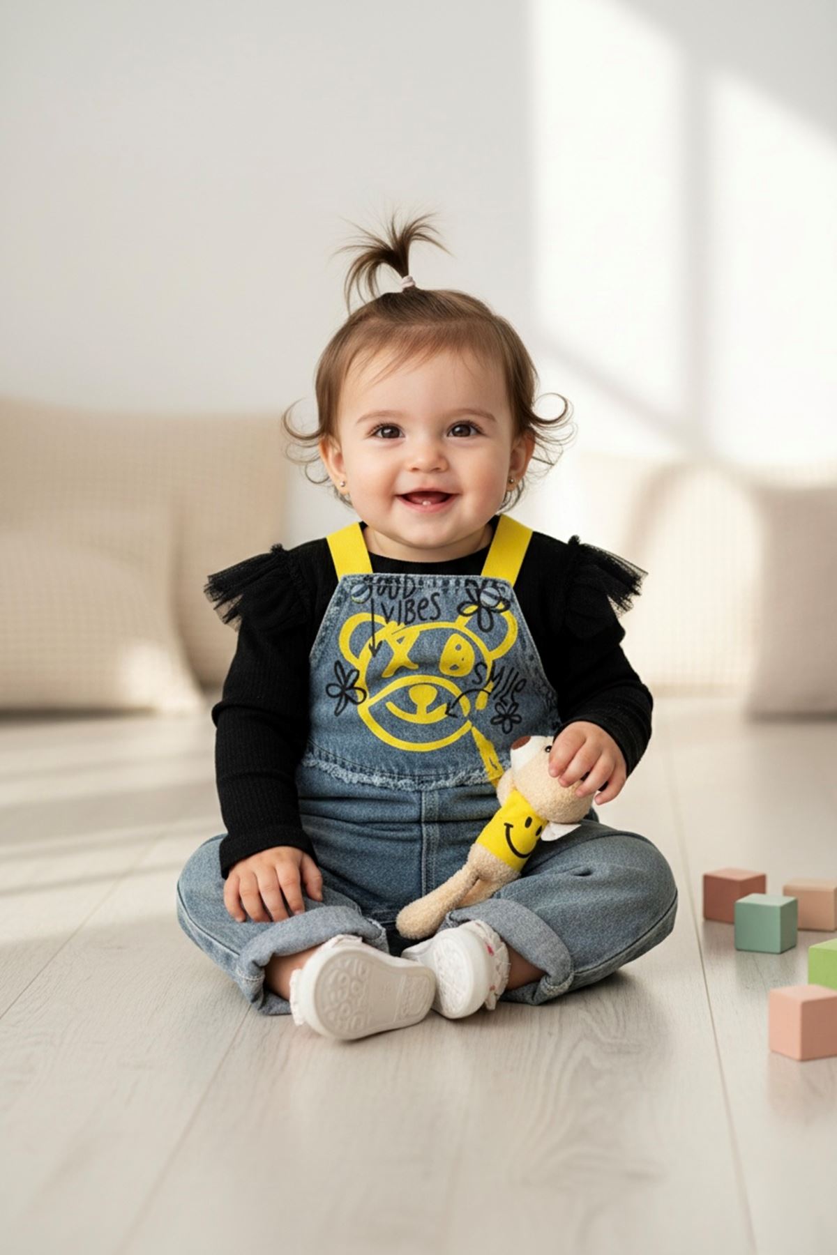 Miniğimin Cicileri (9-24 Ay) Ayıcık Detaylı Kız Çocuk Koy Salopetli Takım - Mavi