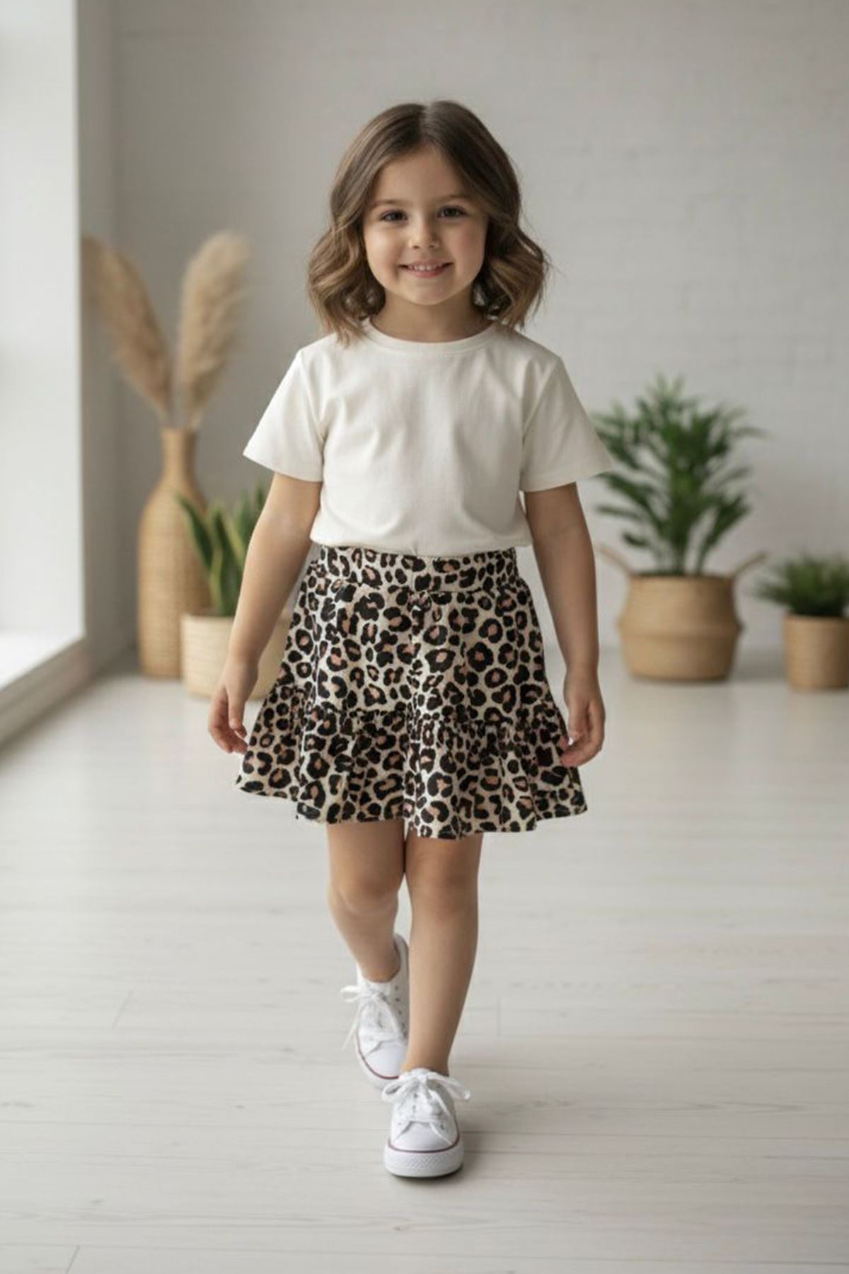 Miniğimin Cicileri Leopar Detaylı Kız Çocuk Penye Etek - Kahve
