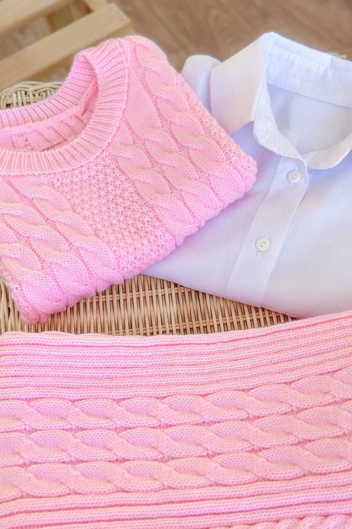 Miniğimin Cicileri Sarmal Çizgi Detaylı Gömlekli Bağlamalı 3 lü Triko Takım - Pembe