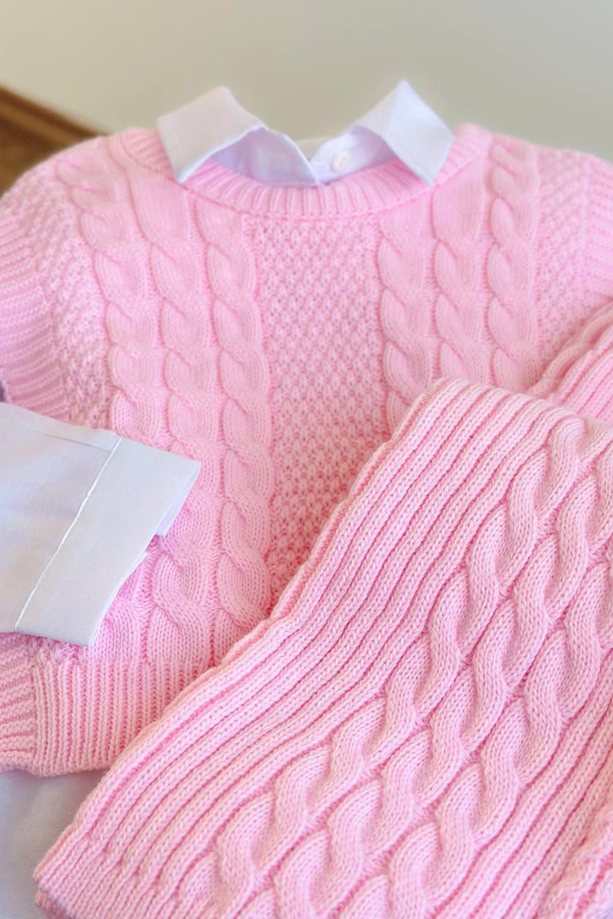 Miniğimin Cicileri Sarmal Çizgi Detaylı Gömlekli Bağlamalı 3 lü Triko Takım - Pembe