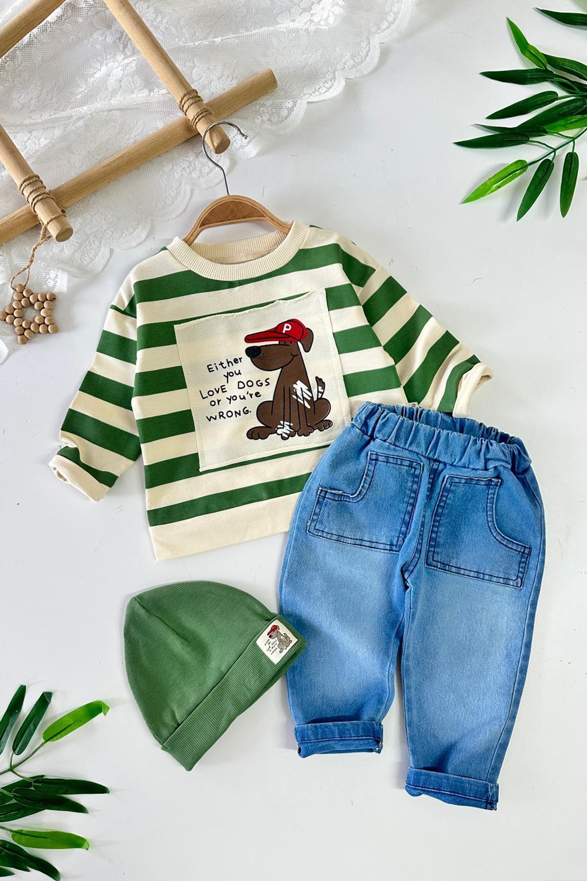 Miniğimin Cicileri Çizgili Köpek Baskılı Sweatshirtlü Kot Pantolonlu Erkek Bebek 3 lü Takım - Yeşil