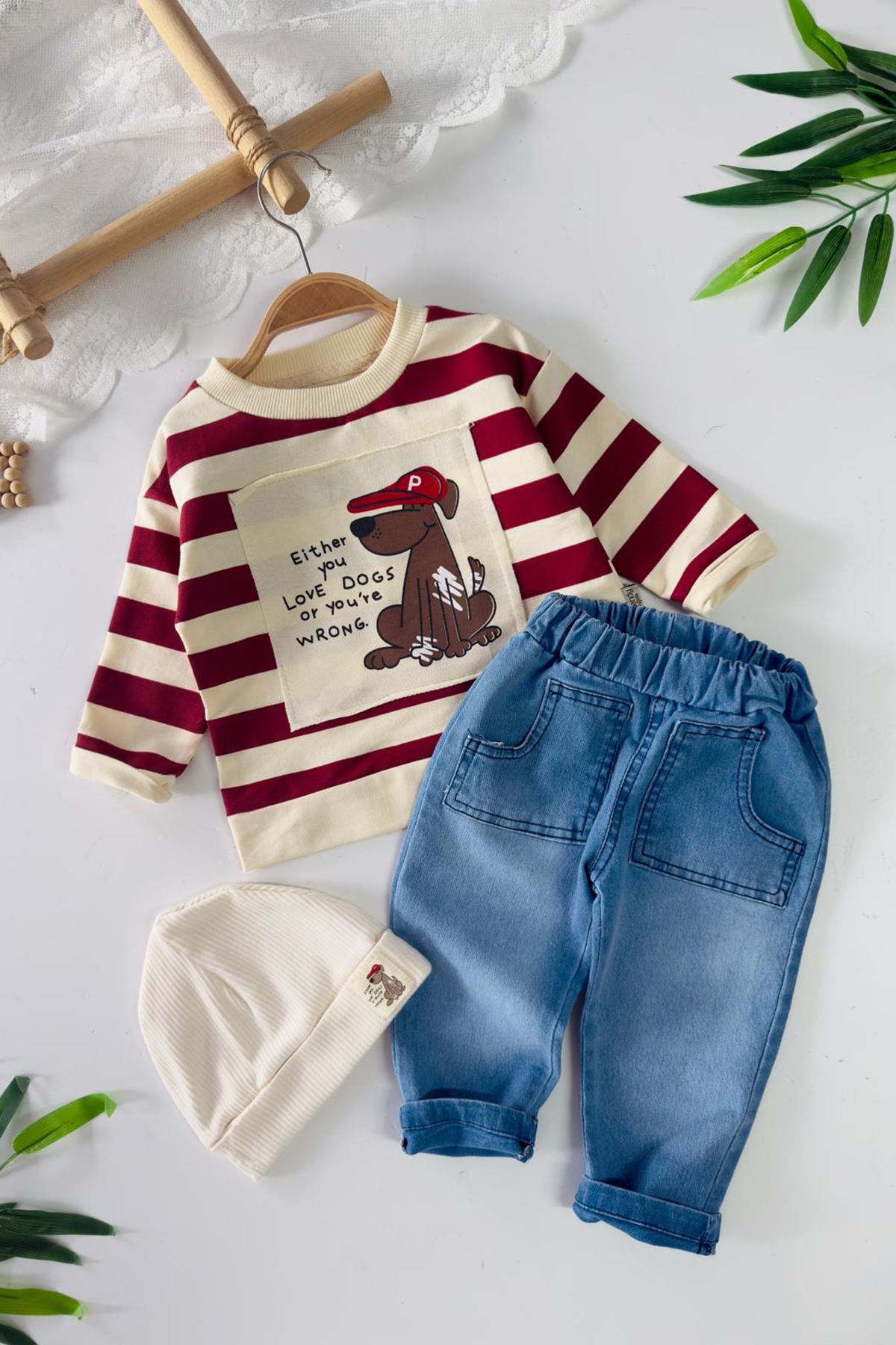 Miniğimin Cicileri Çizgili Köpek Baskılı Sweatshirtlü Kot Pantolonlu Erkek Bebek 3 lü Takım - Kırmızı