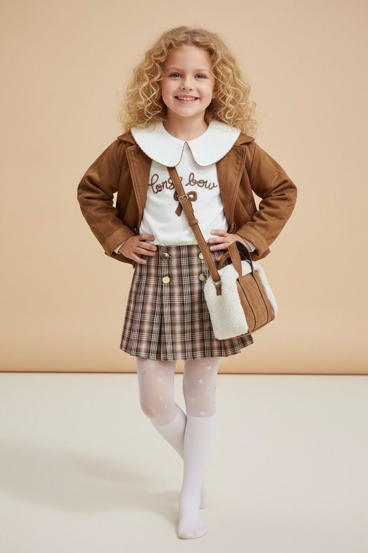 Mimiğimin Cicileri  Süet Ceketli Çantalı 4'lü Kız Çocuk Takım -Taba