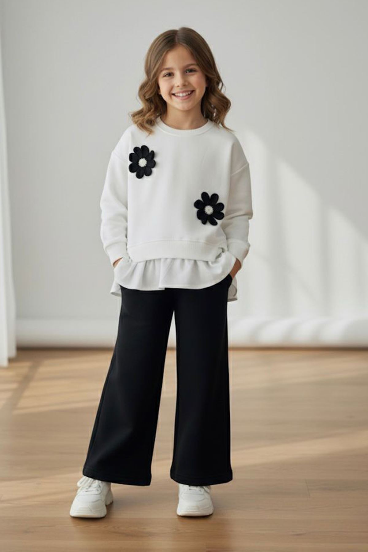 Miniğimin Cicileri Papatya Örgü Detaylı Kız Çocuk Gömlek Detaylı Kız Çocuk 2 li Takım - Siyah Beyaz
