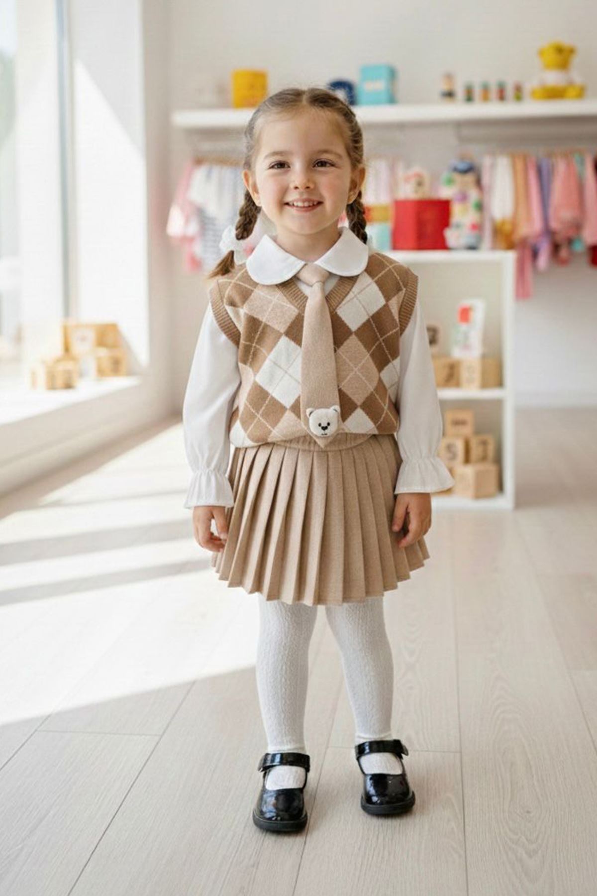 Miniğimin Cicileri Kravatlı Baklava Desenli Süveterli Gömlekli Pileli Etek Kız Çocuk Takım - Kahve