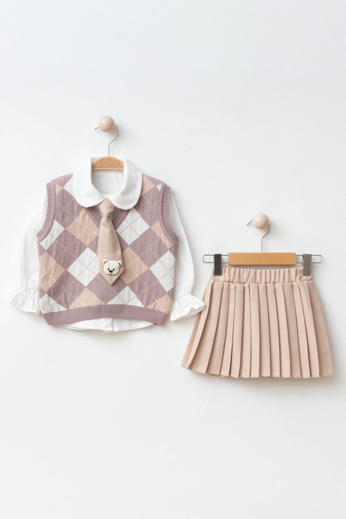 Miniğimin Cicileri Kravatlı Baklava Desenli Süveterli Gömlekli Pileli Etek Kız Çocuk Takım - Mor