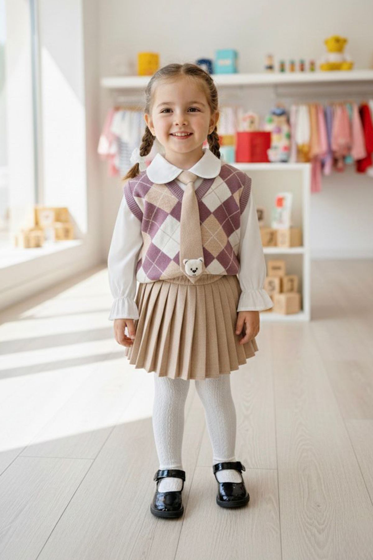 Miniğimin Cicileri Kravatlı Baklava Desenli Süveterli Gömlekli Pileli Etek Kız Çocuk Takım - Mor