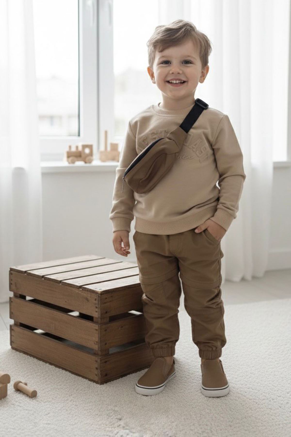 Miniğimin Cicileri Kravatlı Baklava Desenli Süveterli Gömlekli Pileli Etek Kız Çocuk Takım - Kahve