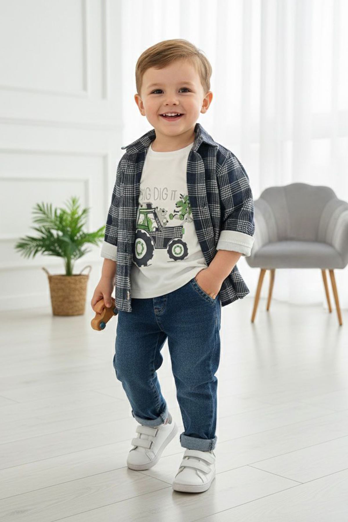 Miniğimin Cicileri Traktör Baskılı Oduncu Gömlekli Spor 3 lü Takım - Lacivert