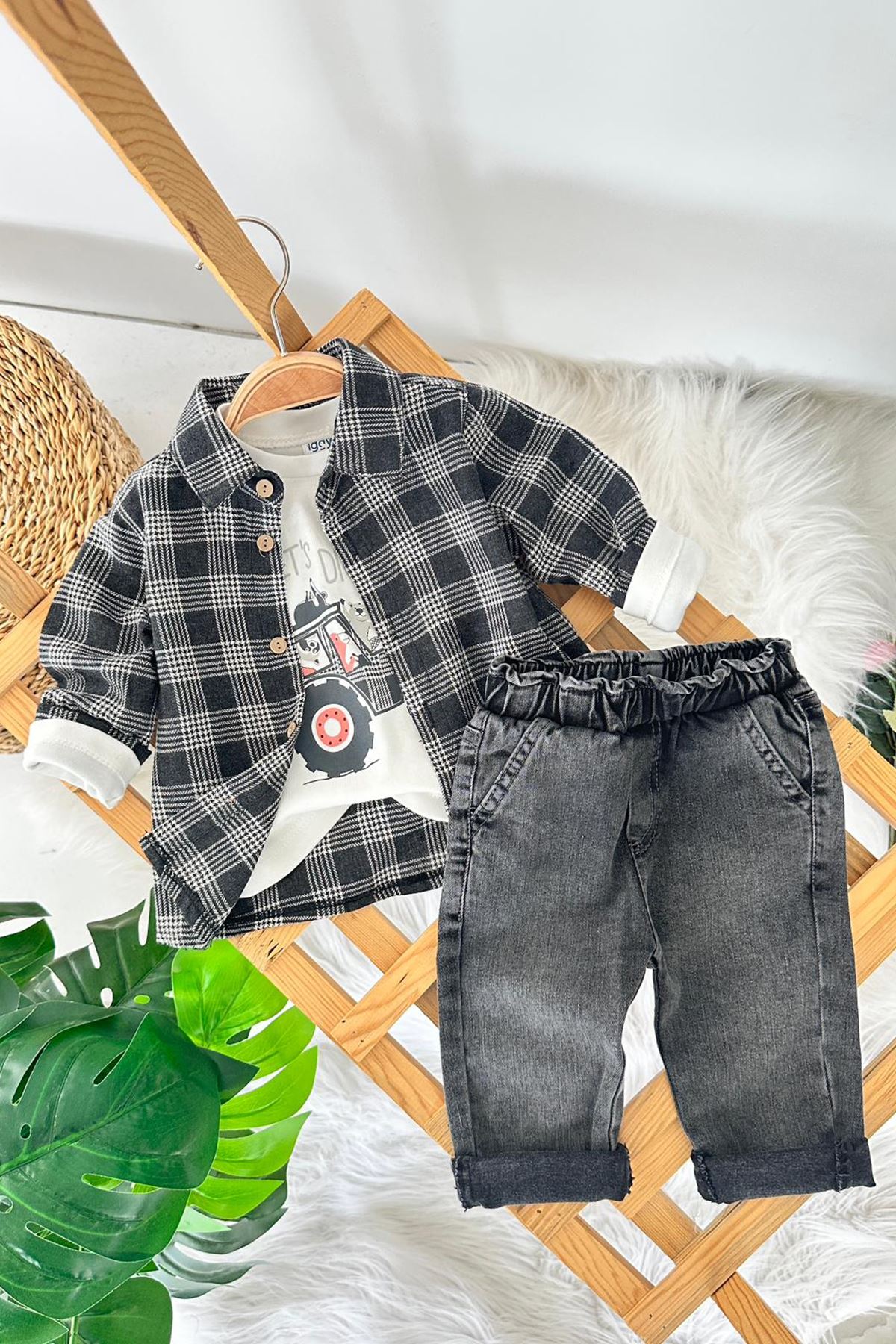 Miniğimin Cicileri Traktör Baskılı Oduncu Gömlekli Spor 3 lü Takım - Füme