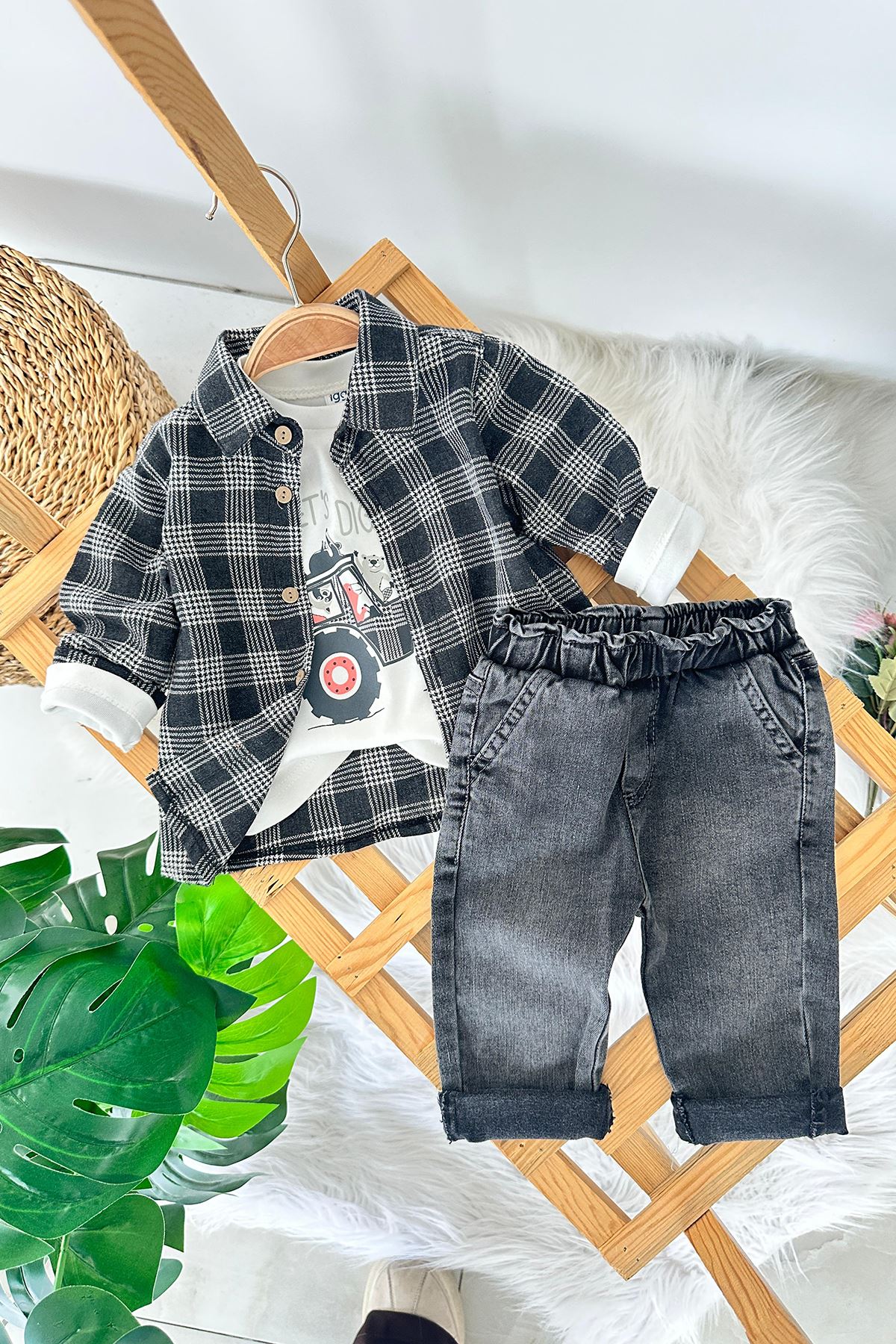 Miniğimin Cicileri Traktör Baskılı Oduncu Gömlekli Spor 3 lü Takım - Füme