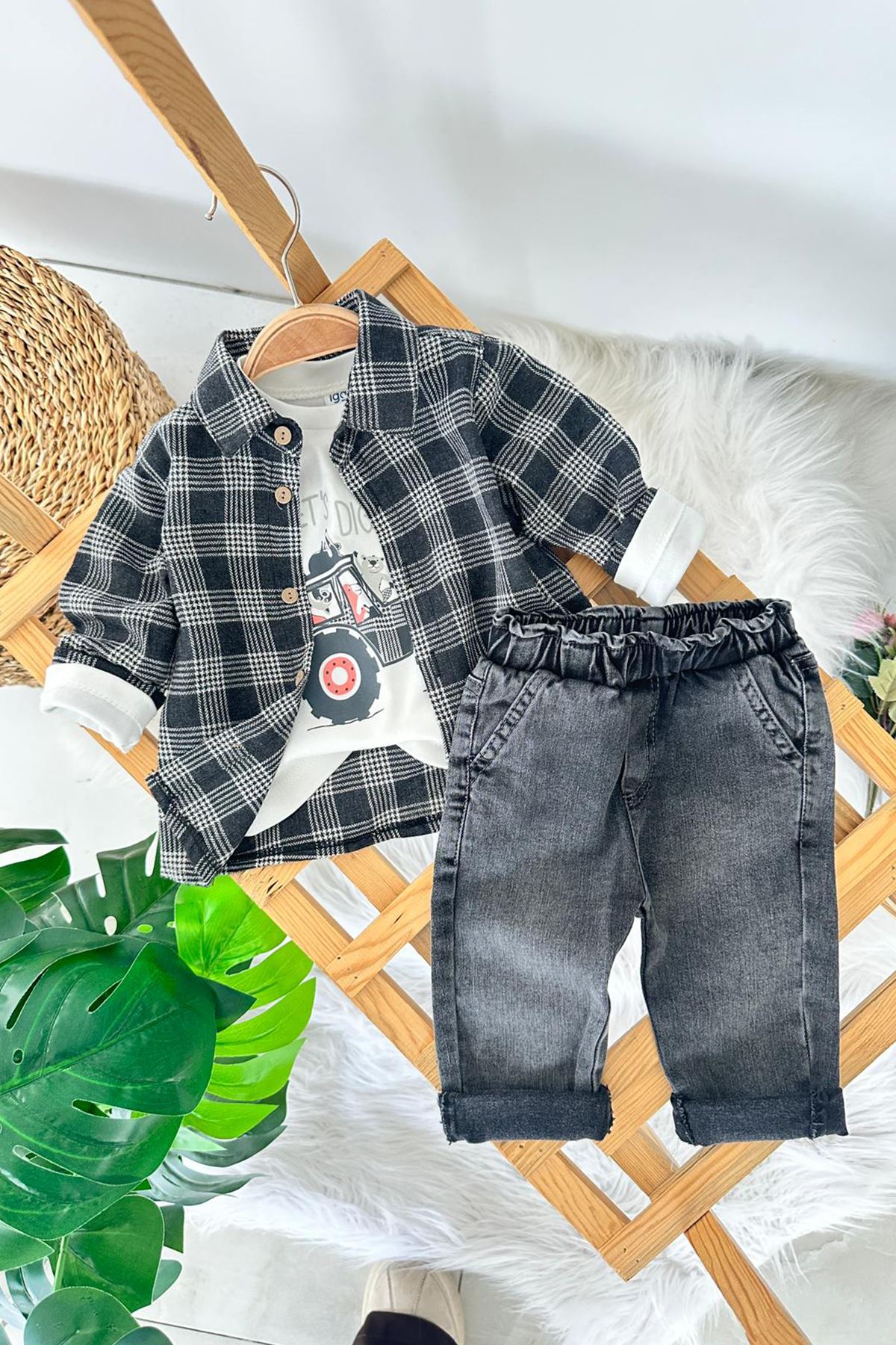 Miniğimin Cicileri Traktör Baskılı Oduncu Gömlekli Spor 3 lü Takım - Füme