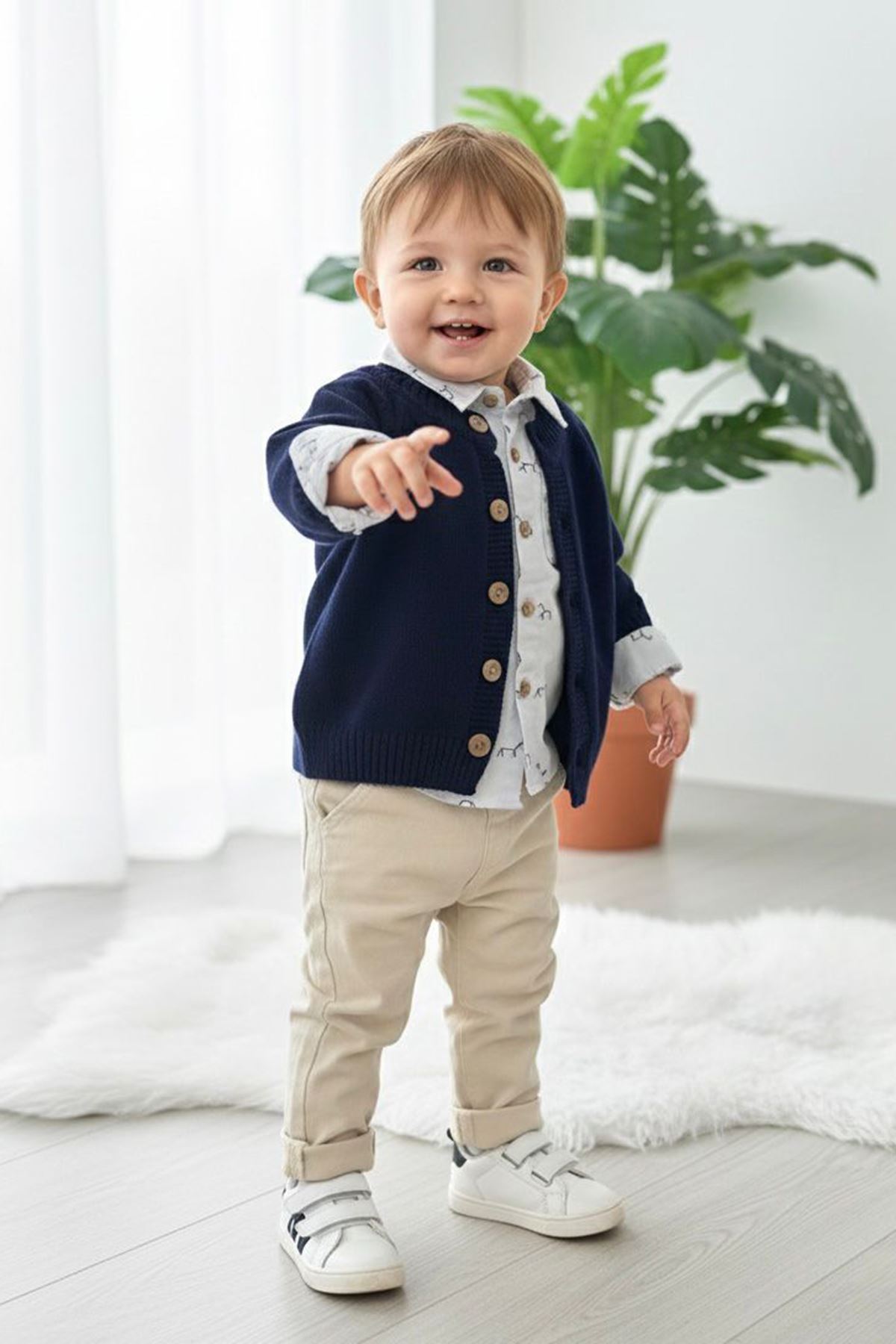 Miniğimin Cicileri Şık Triko Hırkalı Desenli Gömlek Pantolon Erkek Bebek 3’lü Takım - Lacivert