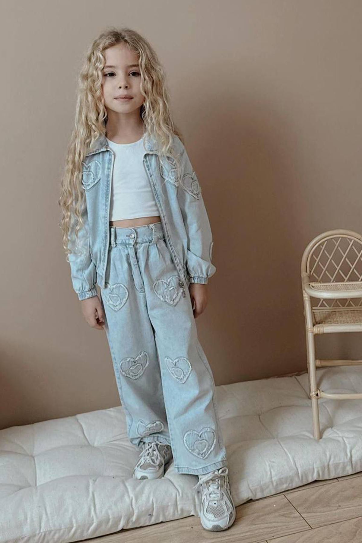 Miniğimin Cicileri Kalp Detaylı Kız Çocuk Kot Takım - Buz Mavisi