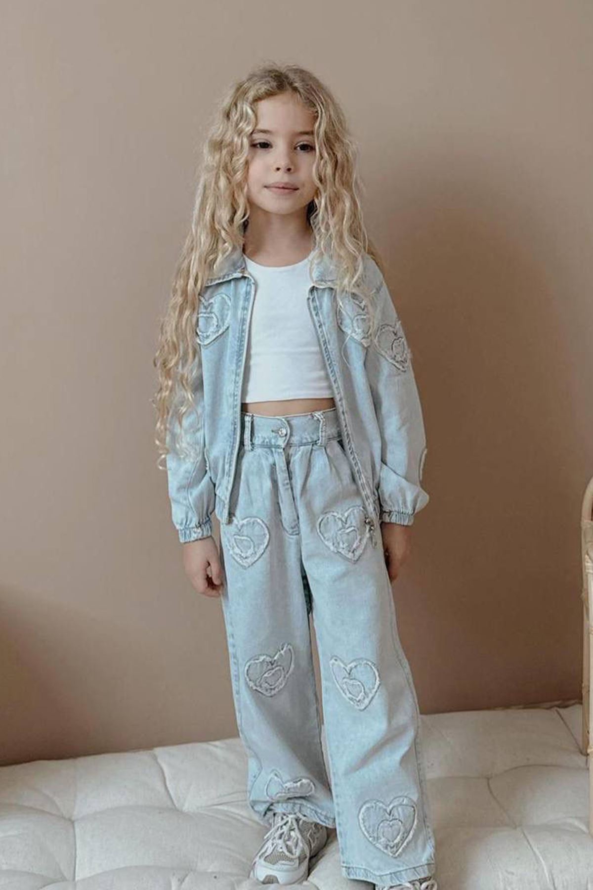 Miniğimin Cicileri Kalp Detaylı Kız Çocuk Kot Takım - Buz Mavisi