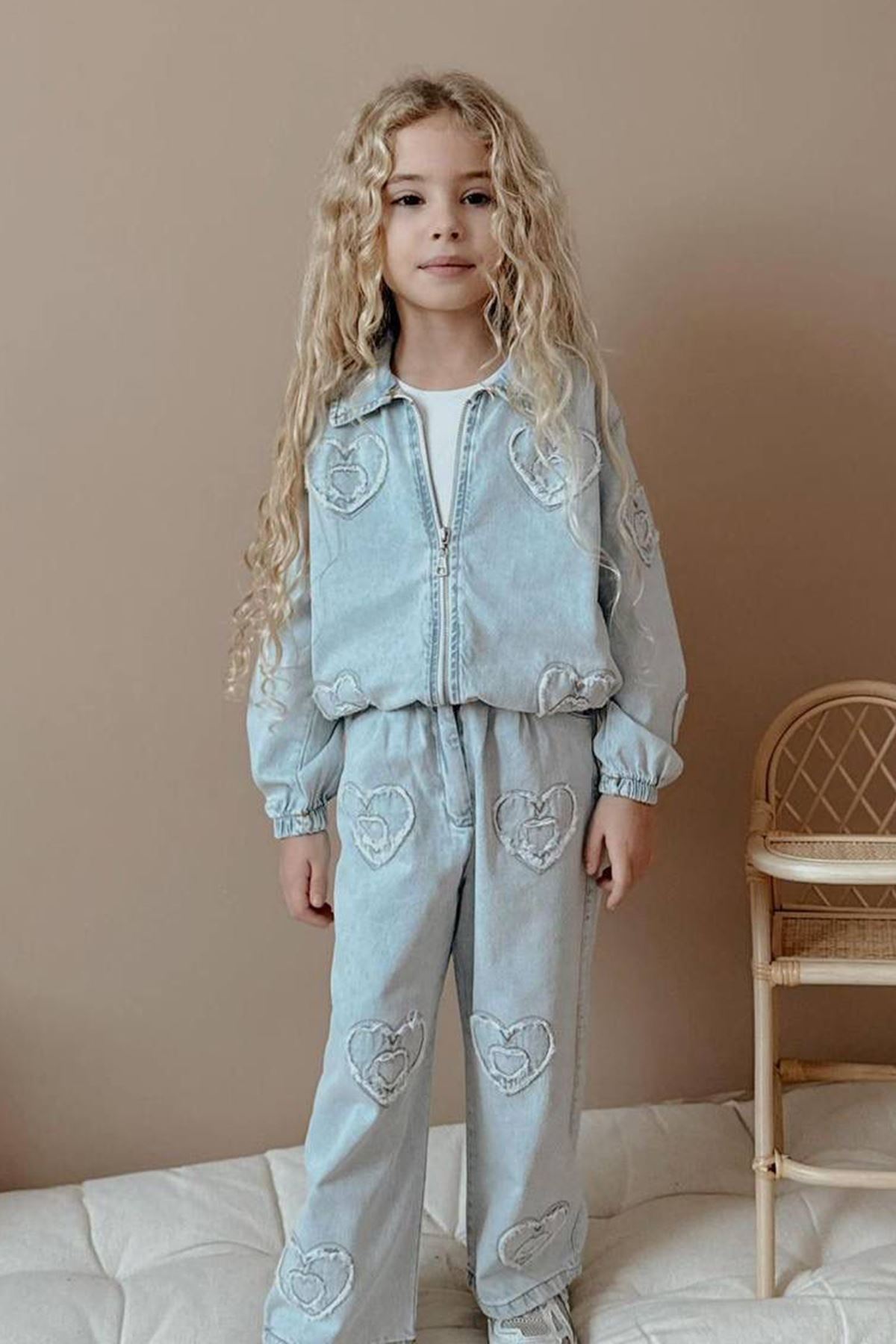 Miniğimin Cicileri Kalp Detaylı Kız Çocuk Kot Takım - Buz Mavisi