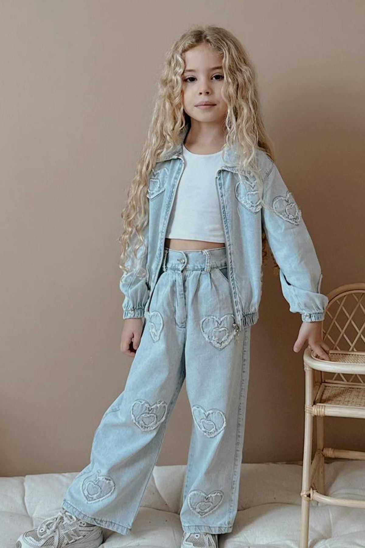 Miniğimin Cicileri Kalp Detaylı Kız Çocuk Kot Takım - Buz Mavisi
