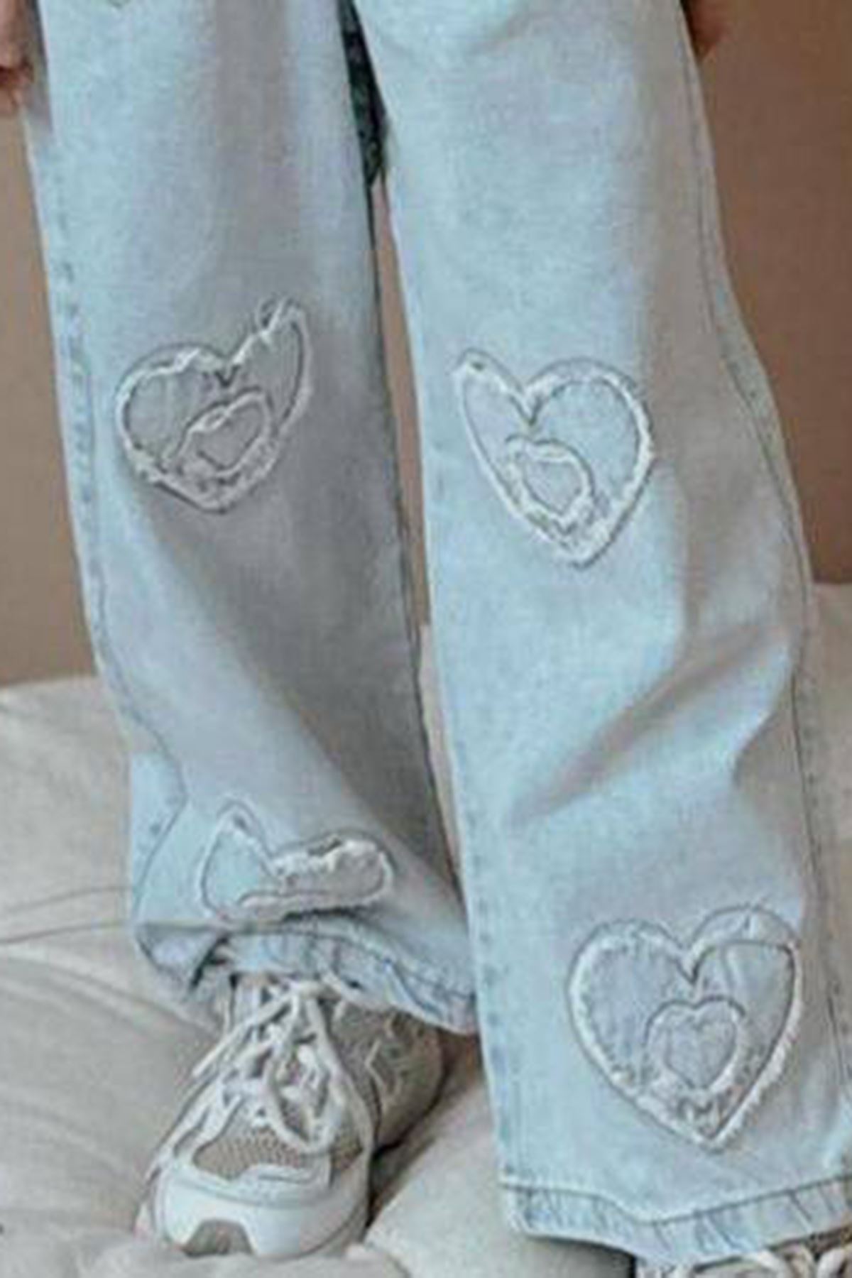 Miniğimin Cicileri Kalp Detaylı Kız Çocuk Kot Takım - Buz Mavisi