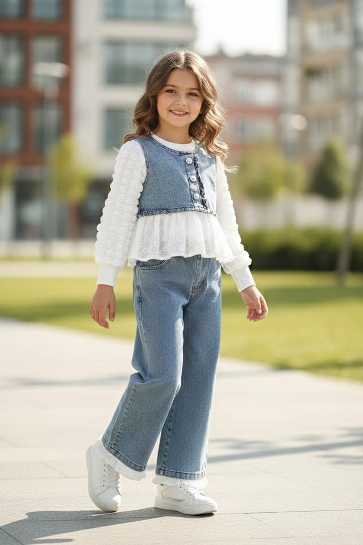 Miniğimin Cicileri Fisto Detaylı Kot Kız Çocuk 3 lü Takım - Açık Mavi