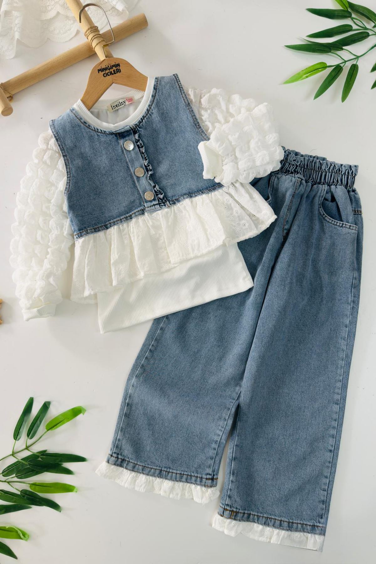 Miniğimin Cicileri Fisto Detaylı Kot Kız Çocuk 3 lü Takım - Açık Mavi
