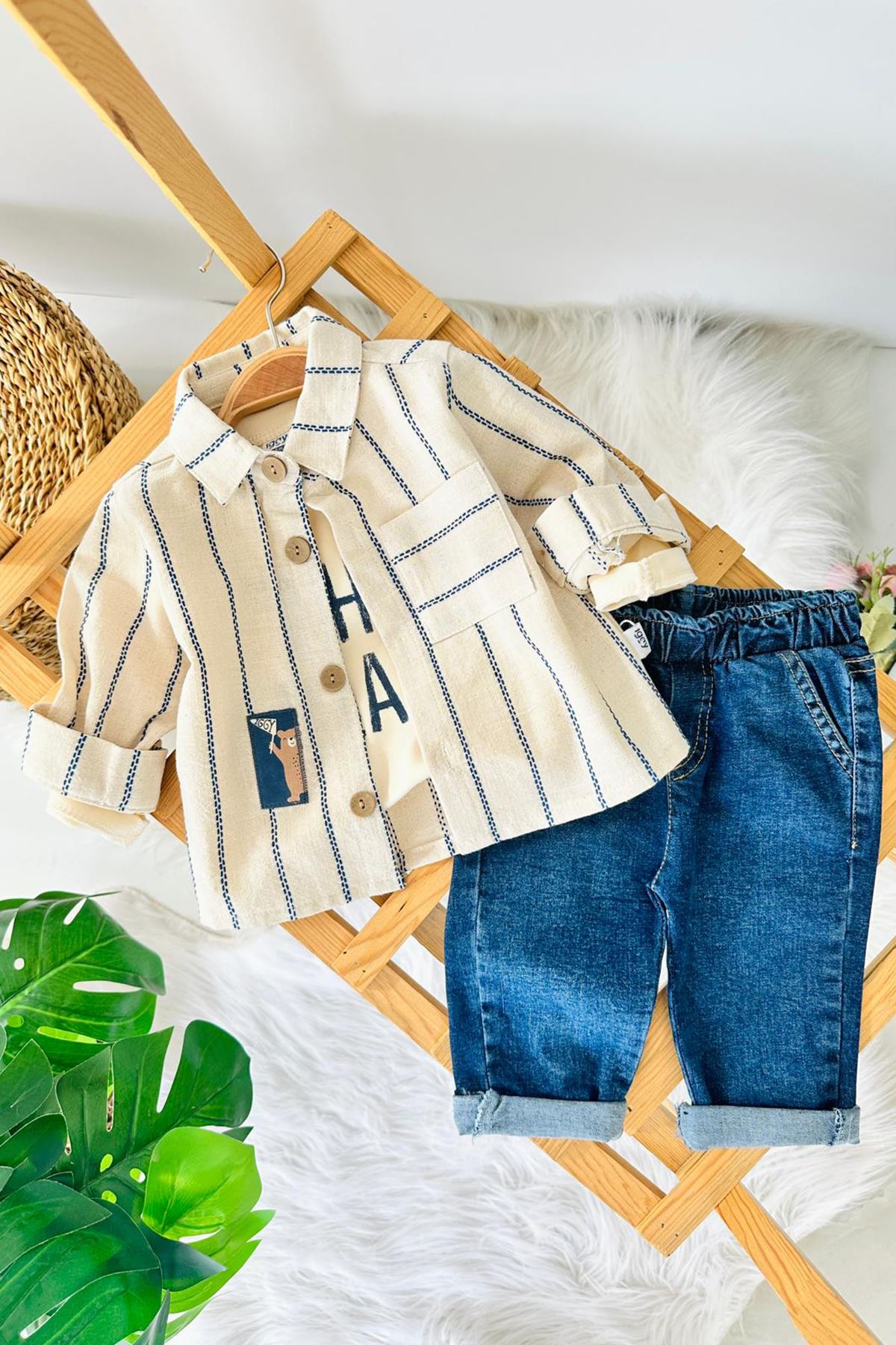 Miniğimin Cicileri Ayıcıl Baskılı Çizgili Gömlekli  Erkek Bebek  3’lü Takım - indigo