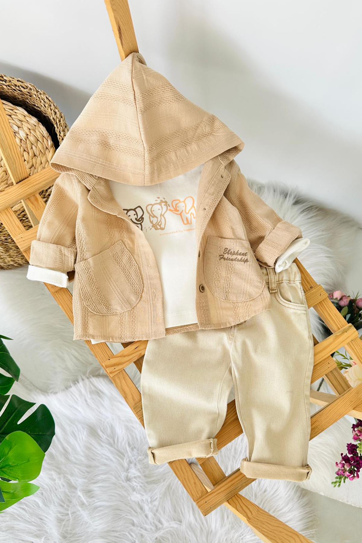 Miniğimin Cicileri Fil Baskılı Doğal Dokulu 3 lü  Erkek Bebek  3’lü Takım - Bej