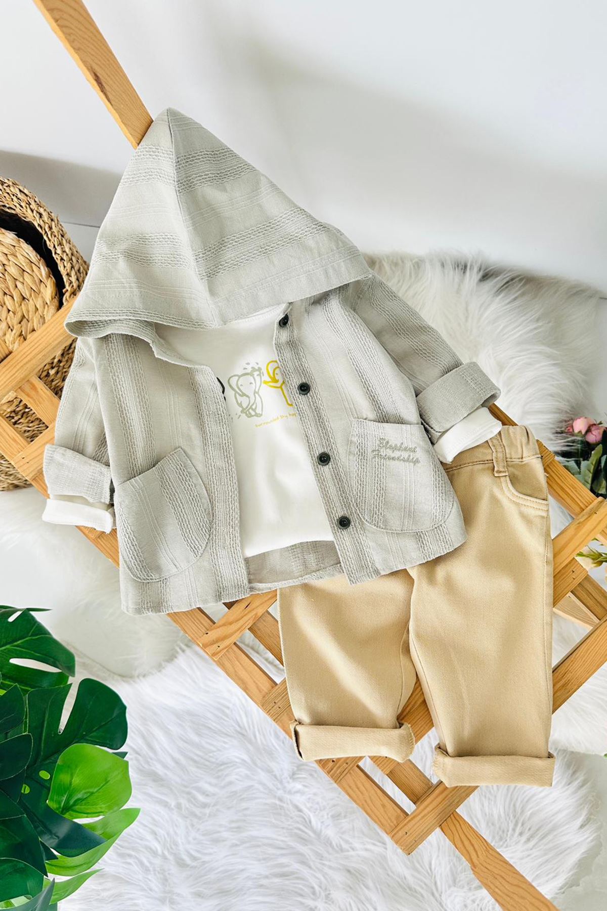 Miniğimin Cicileri Fil Baskılı Doğal Dokulu 3 lü  Erkek Bebek  3’lü Takım - Mint