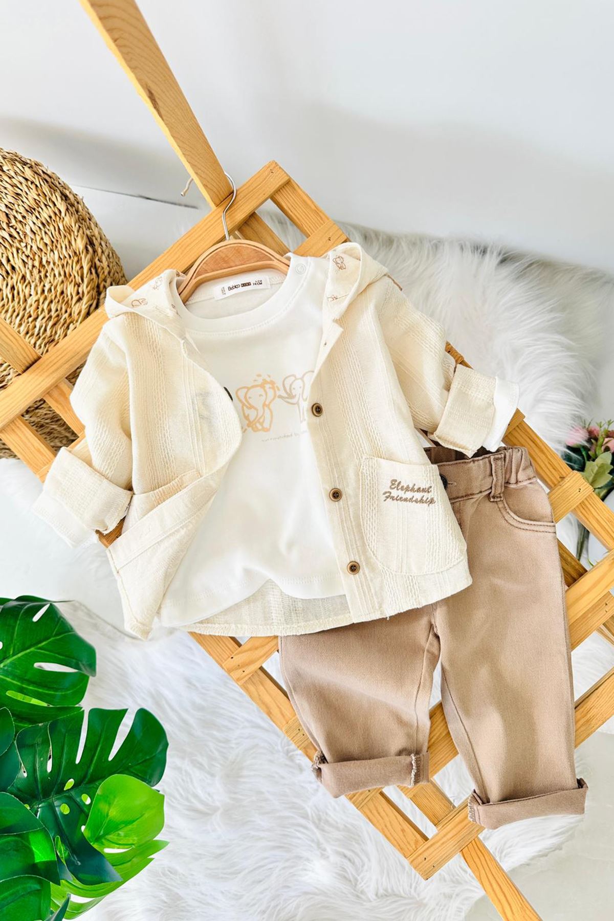 Miniğimin Cicileri Fil Baskılı Doğal Dokulu 3 lü  Erkek Bebek  3’lü Takım - Krem