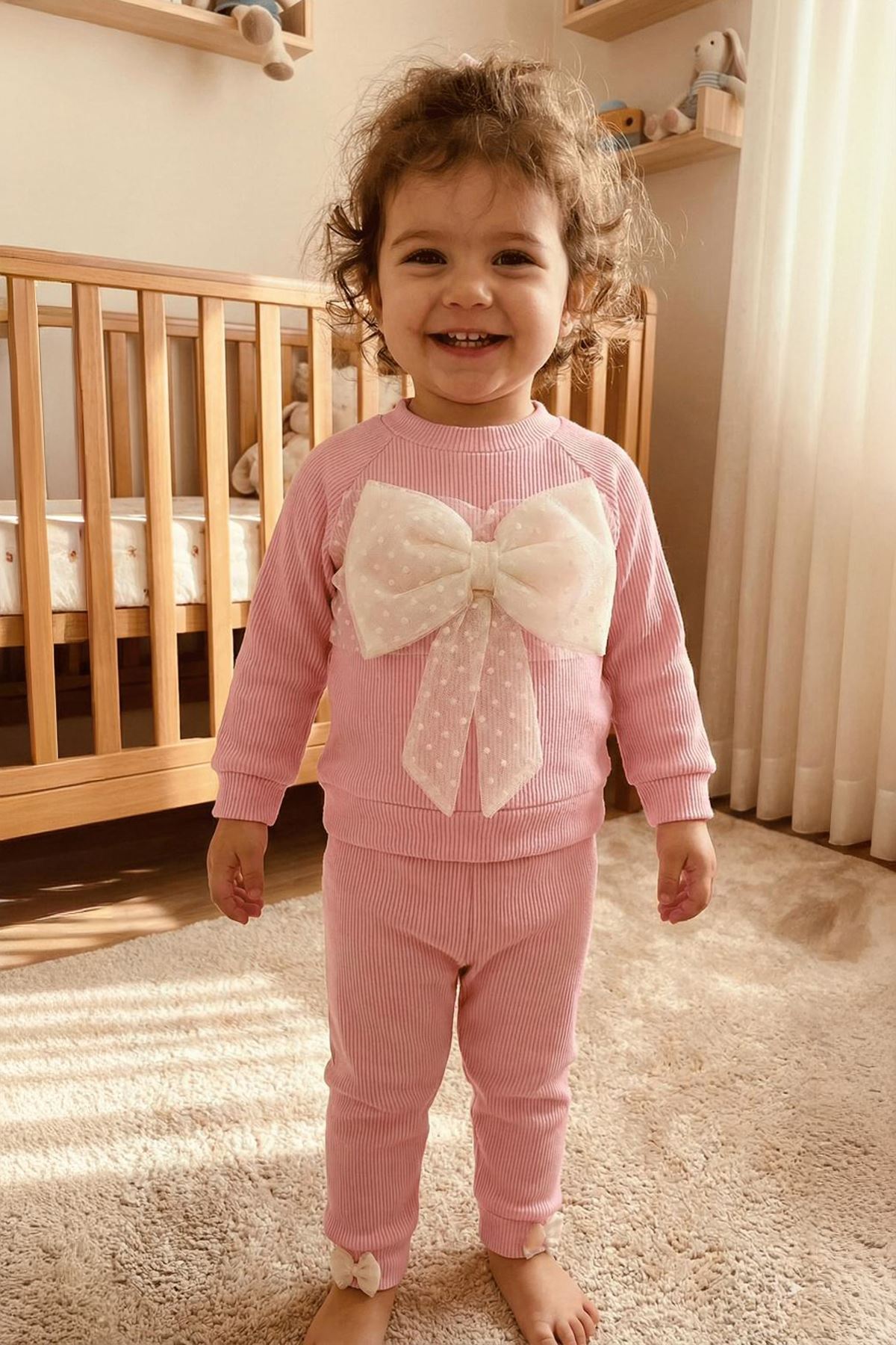 Miniğimin Cicileri Tül Fiyonk Desenli Kız Bebek Takım - Pembe