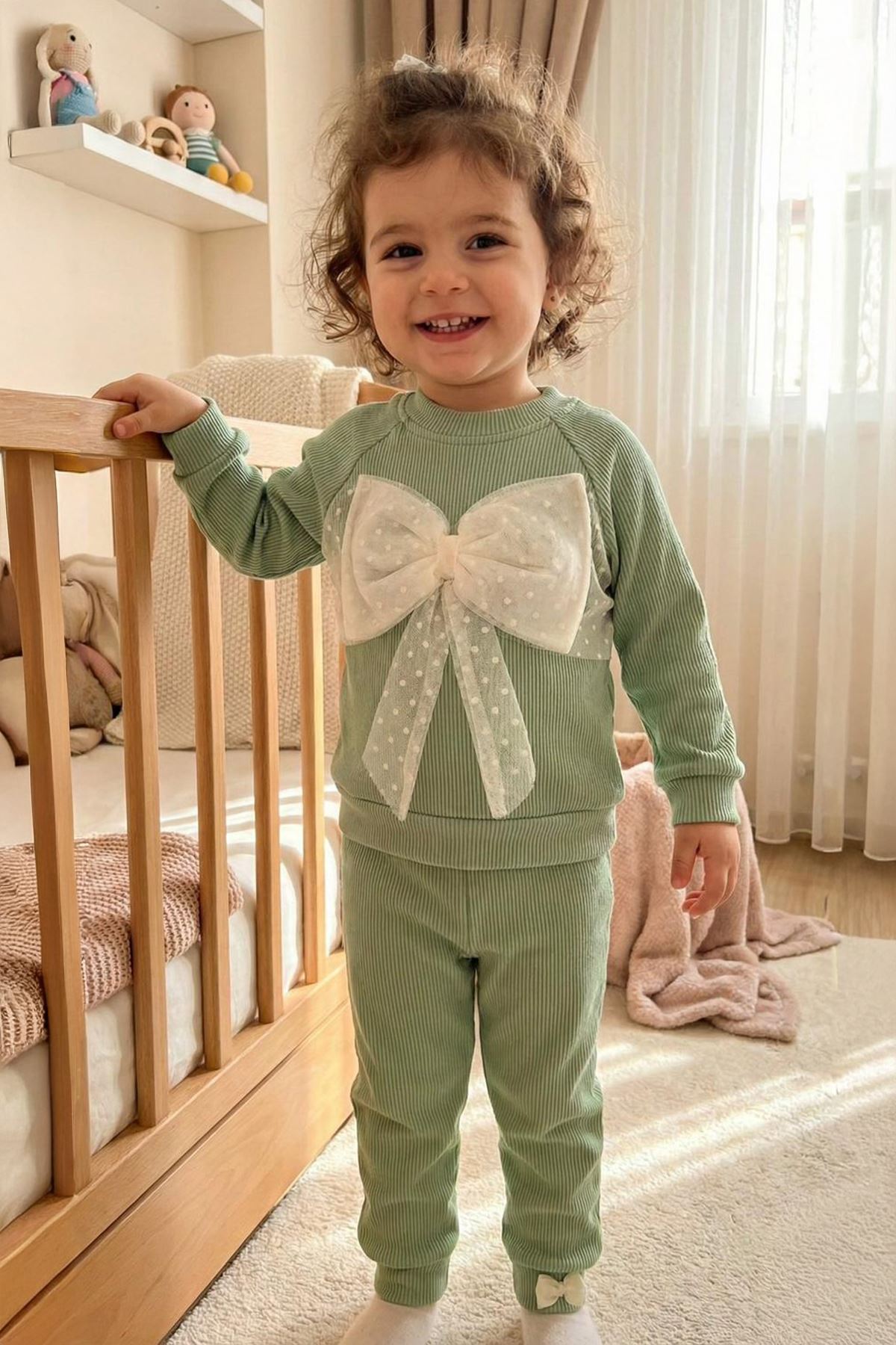 Miniğimin Cicileri Tül Fiyonk Desenli Kız Bebek Takım - Yeşil